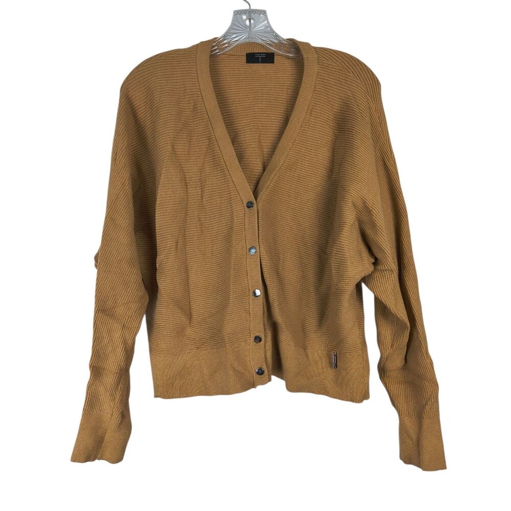 T Tahari Cardigan Women's XL Camel Brown Ribbed Stretch V Neck Dolman Sleeve